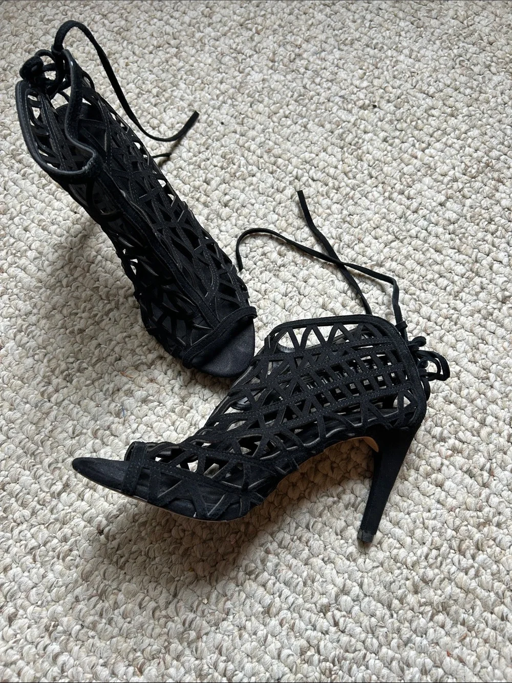 Zara Black Laser-Cut Lace-Up Peep-Toe Heels